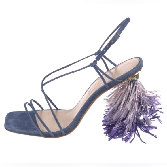 RARE Jacquemus raphia embellished strappy suede sandal in blue purple - Picture 2 of 12